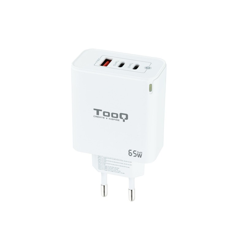 TooQ Cargador de Pared GaN 2USB-C PD + USB-A QC 65W, Blanco TQWC-GANQC2PD65WT
