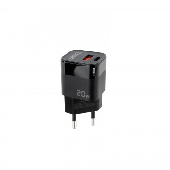 TooQ Cargador de Pared USB-C PD + USB-A QC 20W, Negro TQWC-QCPD20