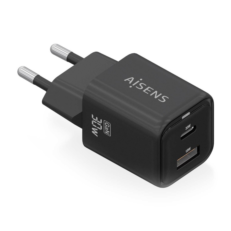 AISENS Cargador Gan 30W, 1xUSB-C PD3.0 QC4.0, 1xUSB-A QC3.0, Negro ASCH-30W2P021-BK