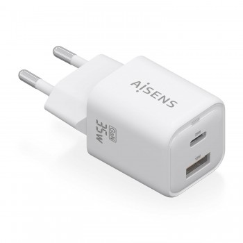 AISENS Cargador Gan 35W, 1xUSB-C PD3.0 QC4.0, 1xUSB-A QC3.0, Blanco ASCH-35W2P024-W