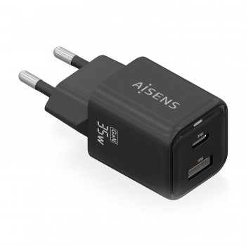AISENS Cargador Gan 35W, 1xUSB-C PD3.0 QC4.0, 1xUSB-A QC3.0, Negro ASCH-35W2P025-BK