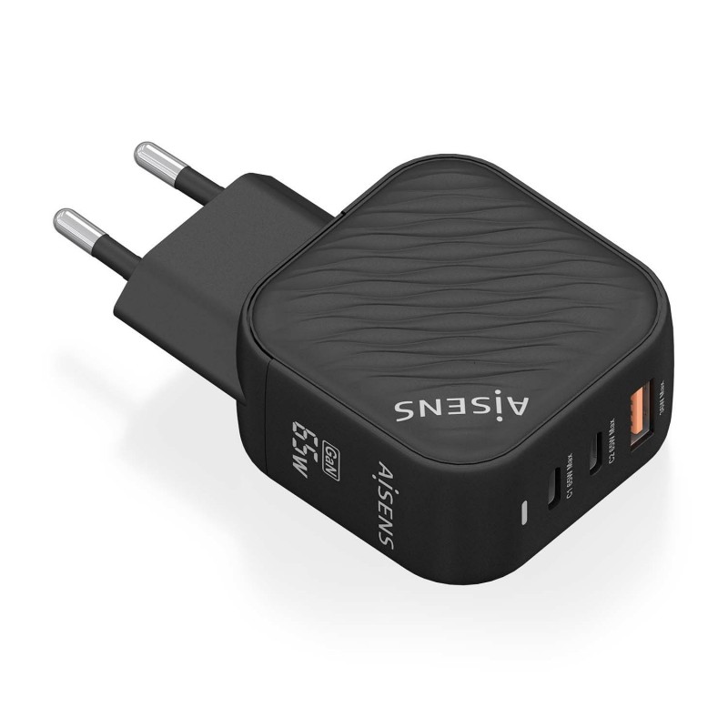 AISENS Cargador GaN 65W, 2xUSB-C PD3.0 QC4.0, 1xUSB-A QC3.0, Negro ASCH-65W3P027-BK