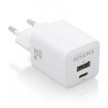 AISENS Cargador Gan 30W, 1xUSB-C PD3.0 QC4.0, 1xUSB-A QC3.0, Blanco ASCH-30W2P037-W
