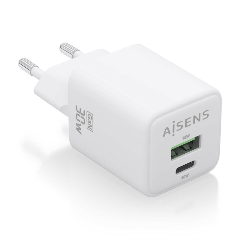 AISENS Cargador Gan 30W, 1xUSB-C PD3.0 QC4.0, 1xUSB-A QC3.0, Blanco ASCH-30W2P037-W
