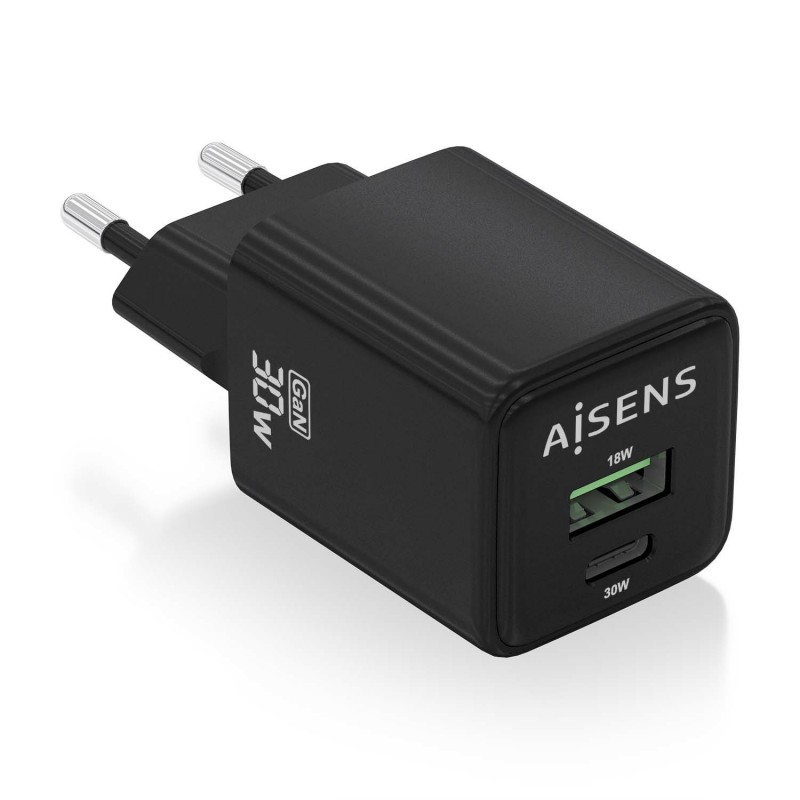 AISENS Cargador Gan 30W, 1xUSB-C PD3.0 QC4.0, 1xUSB-A QC3.0, Negro ASCH-30W2P038-BK
