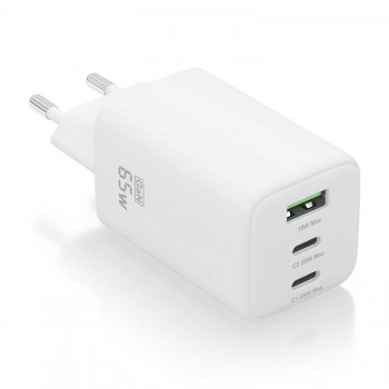 AISENS Cargador Gan 65W, 2xUSB-C PD3.0 QC4.0, 1xUSB-A QC3.0, Blanco ASCH-65W3P041-W