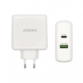 AISENS Cargador 48 W, 1x USB-C PD3.0 30 W, 1x USB-A QC3.0 18 W, Blanco ASCH-2PD30QC-W
