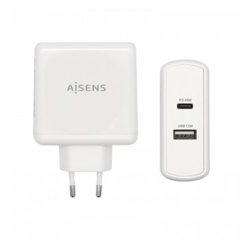 AISENS Cargador 57 W, 1x USB-C PD3.0 45 W, 1x USB-A 5 V   2.4 A 12 W, Blanco ASCH-2PD45A-W