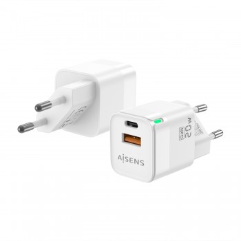 AISENS Cargador Gan 20W, 1xUSB-C PD3.0 QC4.0, 1xUSB-A QC3.0, Blanco ASCH-20W2P002-W