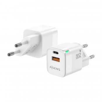 AISENS Cargador Gan 30W, 1xUSB-C PD3.0 QC4.0, 1xUSB-A QC3.0, Blanco ASCH-30W2P004-W