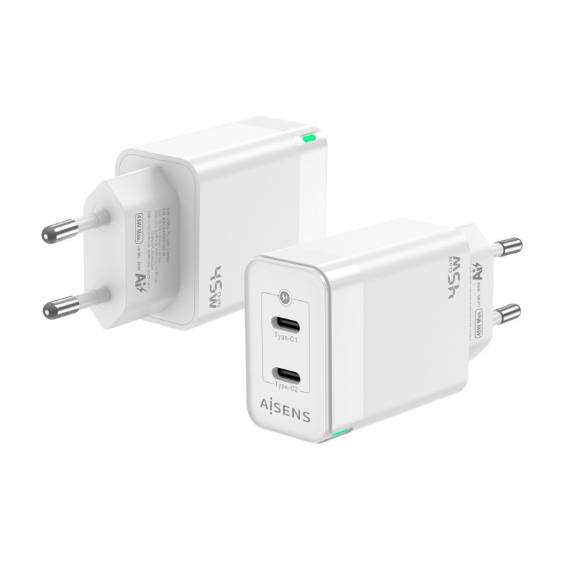 AISENS Cargador Gan 45W, 2xUSB-C PD3.0 QC4.0, Blanco ASCH-45W2P005-W