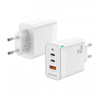 AISENS Cargador Gan 65W, 2xUSB-C PD3.0 QC4.0, 1xUSB-A QC3.0, Blanco ASCH-65W3P007-W