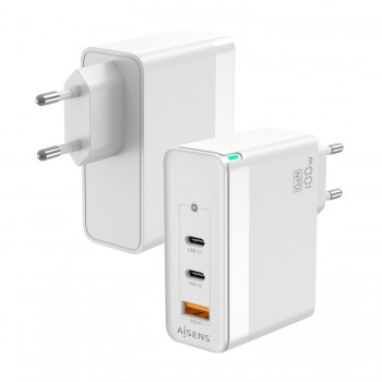 AISENS Cargador Gan 100W, 2xUSB-C PD3.0 QC4.0 QC5.0, 1xUSB-A QC3.0, Blanco ASCH-100W3P008-W