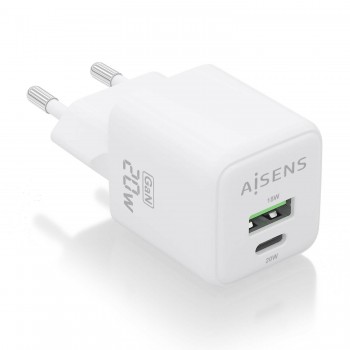 AISENS Cargador GaN 20W, 1xUSB-C PD3.0 QC4.0, 1xUSB-A QC3.0, Blanco ASCH-20W2P010-W