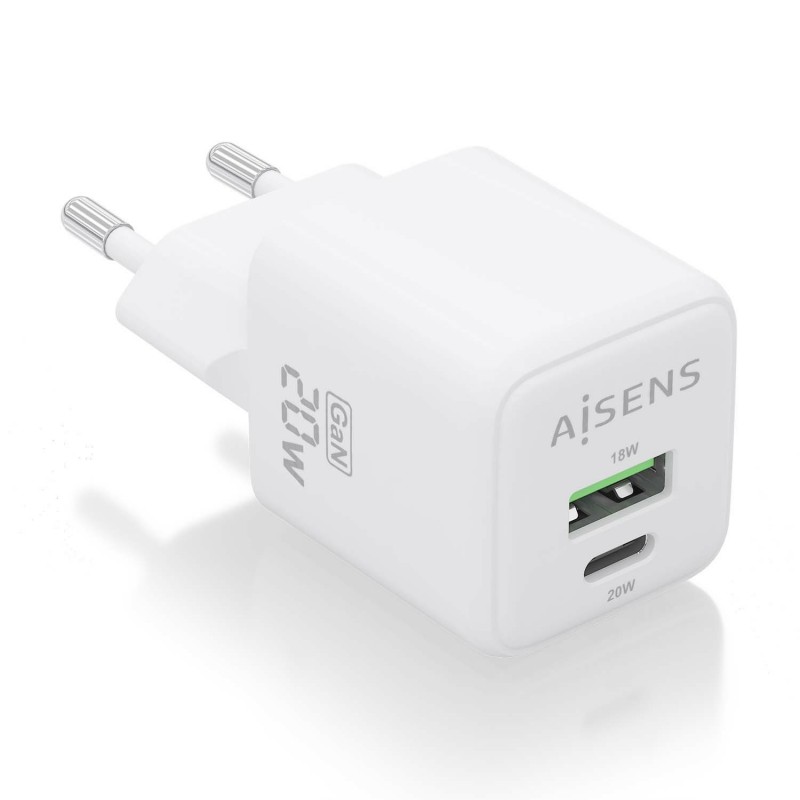 AISENS Cargador GaN 20W, 1xUSB-C PD3.0 QC4.0, 1xUSB-A QC3.0, Blanco ASCH-20W2P010-W