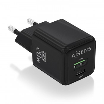 AISENS Cargador GaN 20W, 1xUSB-C PD3.0 QC4.0, 1xUSB-A QC3.0, Negro ASCH-20W2P011-BK
