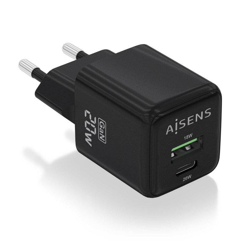 AISENS Cargador GaN 20W, 1xUSB-C PD3.0 QC4.0, 1xUSB-A QC3.0, Negro ASCH-20W2P011-BK