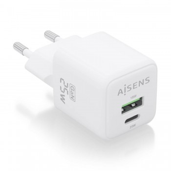 AISENS Cargador GaN 25W, 1xUSB-C PD3.0 QC4.0, 1xUSB-A QC3.0, Blanco ASCH-25W2P014-W