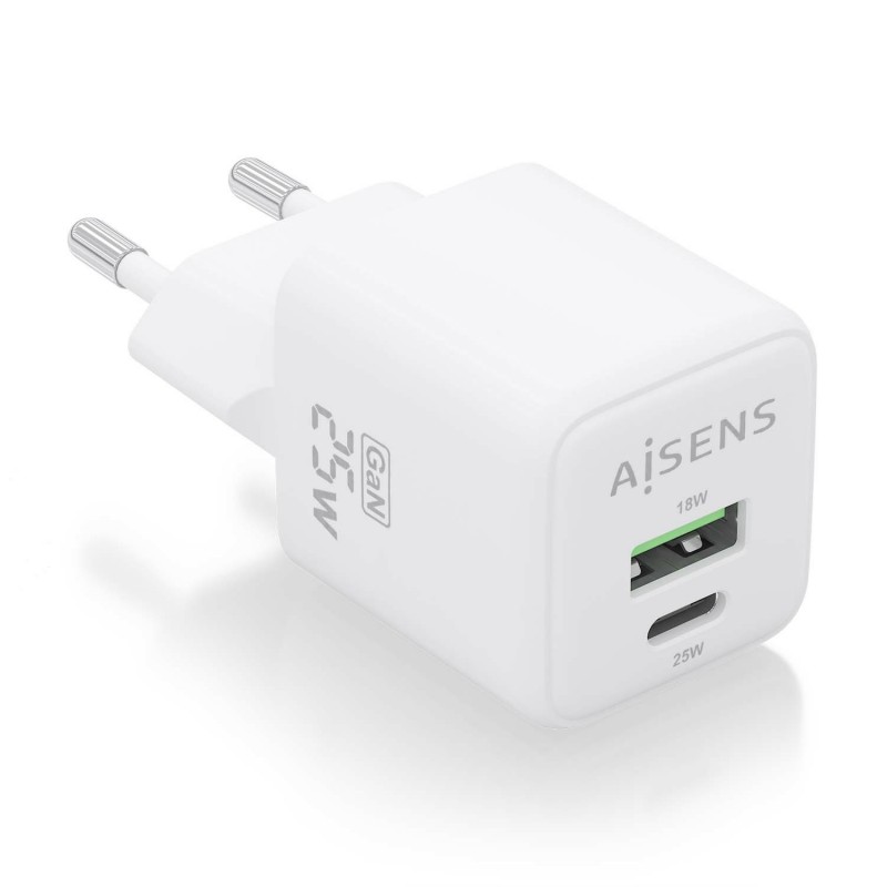 AISENS Cargador GaN 25W, 1xUSB-C PD3.0 QC4.0, 1xUSB-A QC3.0, Blanco ASCH-25W2P014-W