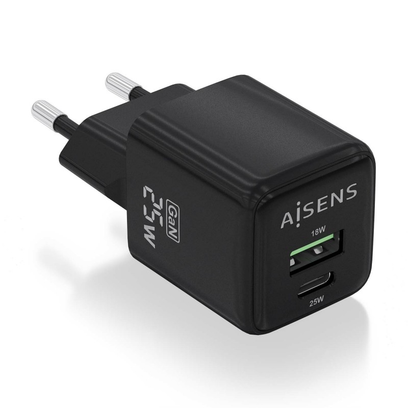 AISENS Cargador GaN 25W, 1xUSB-C PD3.0 QC4.0, 1xUSB-A QC3.0, Negro ASCH-25W2P015-BK