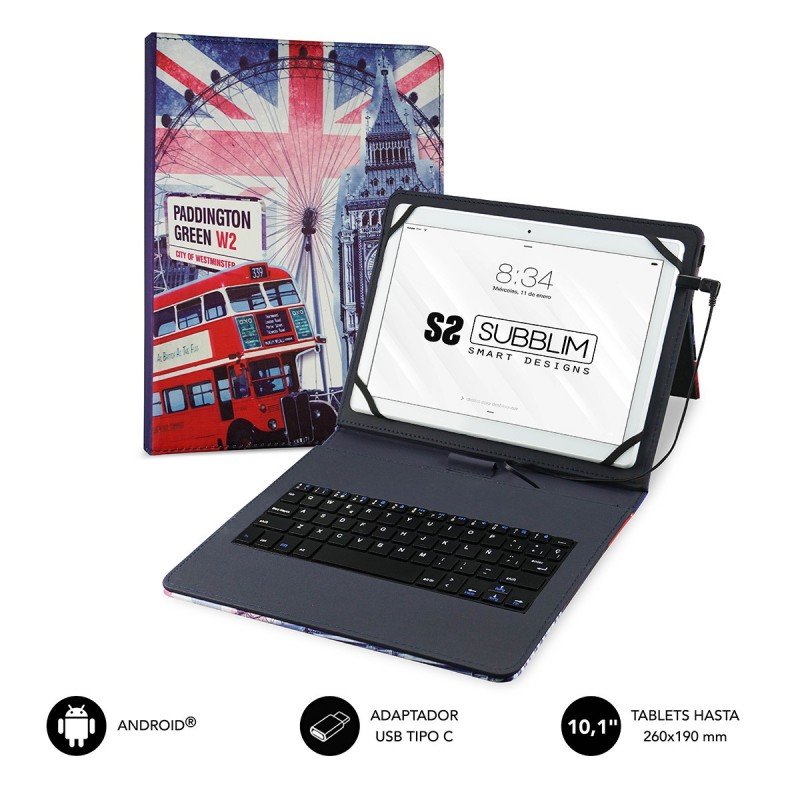 SUBBLIM Funda con Teclado Micro USB - USB C KEYTAB USB 10,1" England SUB-KT1-USB050