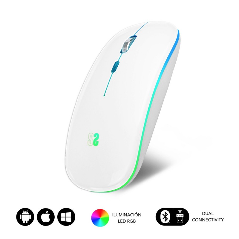 SUBBLIM Ratón Inalámbrico Bluetooth + RF RGB LED Dual Flat Mouse White SUBMO-LDFLAT2