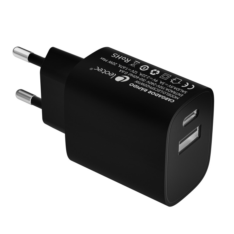 Leotec Cargador 20W 1xUSB-C PD + 1x USB-A Negro LECSPH20W2K