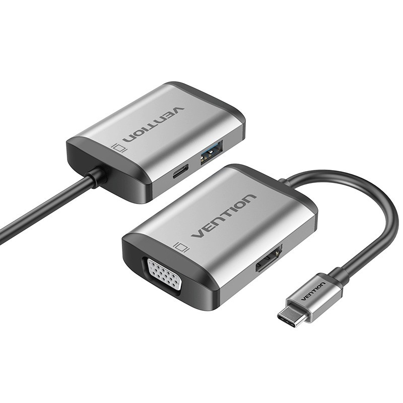 Conversor Vention TFAHB - 1xUSB - 1xHDMI - 1xVGA - 1xUSB Tipo-C PD - 15cm - Gris