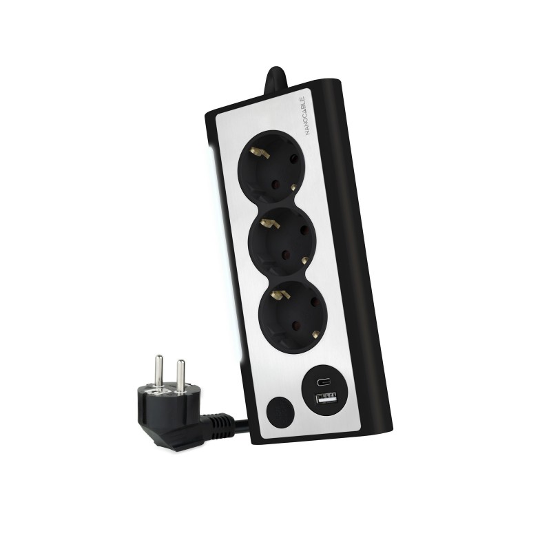 Nanocable Regleta de Sobremesa con 3 Tomas de Tierra y 2 USB´s con Luz, Negro 10.37.0013-BK