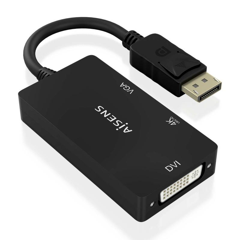 AISENS Conversor Displayport V1.2 a VGA DVI HDMI, DP 1.2 M-VGA H-DVI H-HDMI H 4K, Negro, 15cm A125-0861