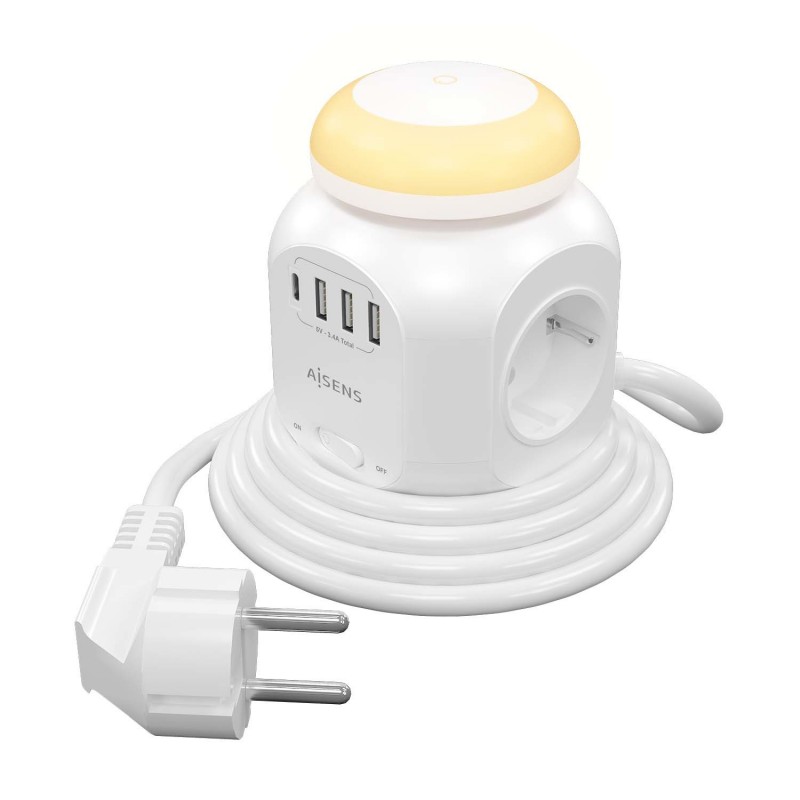 AISENS Regleta de Enchufes Sobremesa Multifuncion con 4 Tomas + 1XUSB-C, 3XUSB-A, Luz Nocturna, 1.8M ASPS-3A1CL01-W