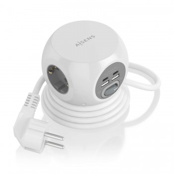 AISENS Regleta de Enchufes Sobremesa Multifuncion con 3 Tomas + 2xUSB-C, 2xUSB-A, 1.4M, Blanco ASPS-2A2C04-W