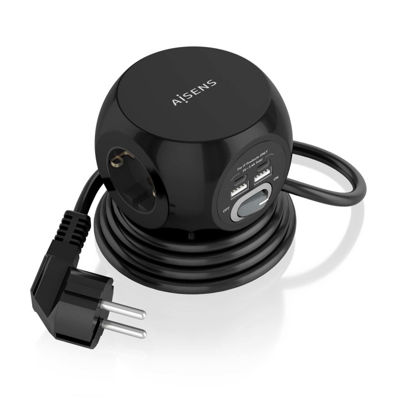 Regleta con Interruptor Aisens ASPS-2A2C05-BK - 3 Tomas de Corriente - 2 USB Tipo-C - 2 USB - Cable 