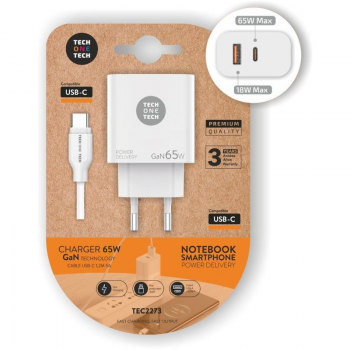 Cargador Gan de Pared Tech One Tech GaN PD TEC2273  - 1xUSB Tipo-C - 1x USB - 65W