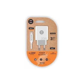 Cargador de Pared Tech One Tech TEC2263 - 1xUSB Tipo-C + Cable USB Tipo-C - 3A - Blanco