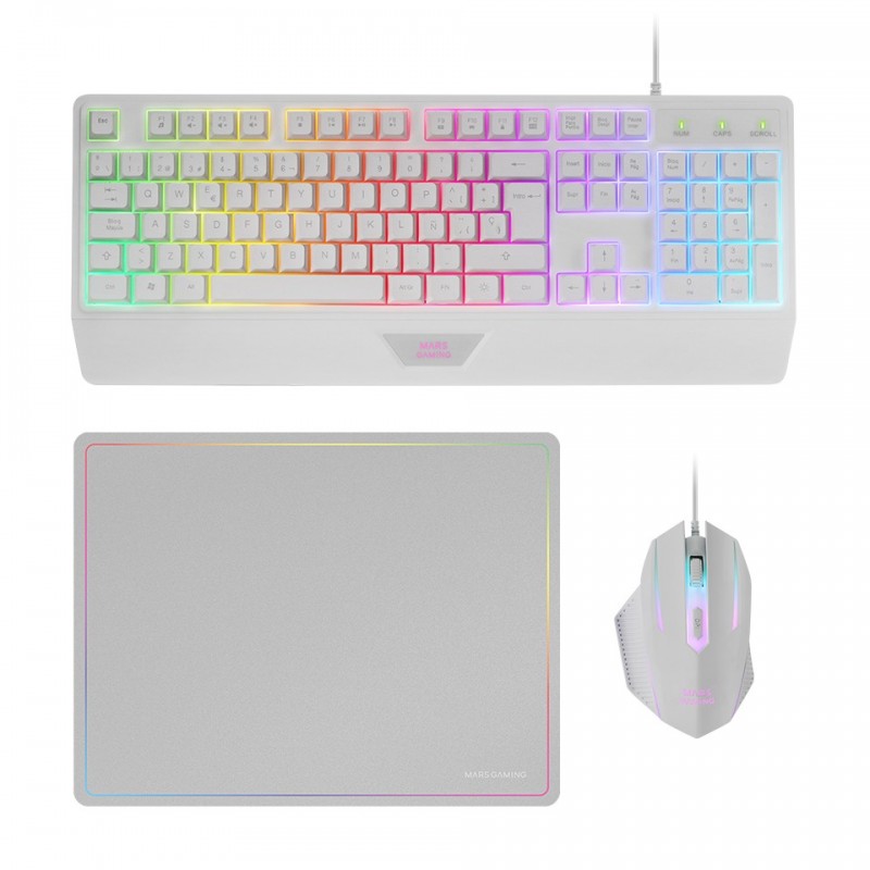 Pack Gaming Mars Gaming MCP124 - Teclado H-MECH   Ratón Óptico   Alfombrilla - Blanco MCP124WES