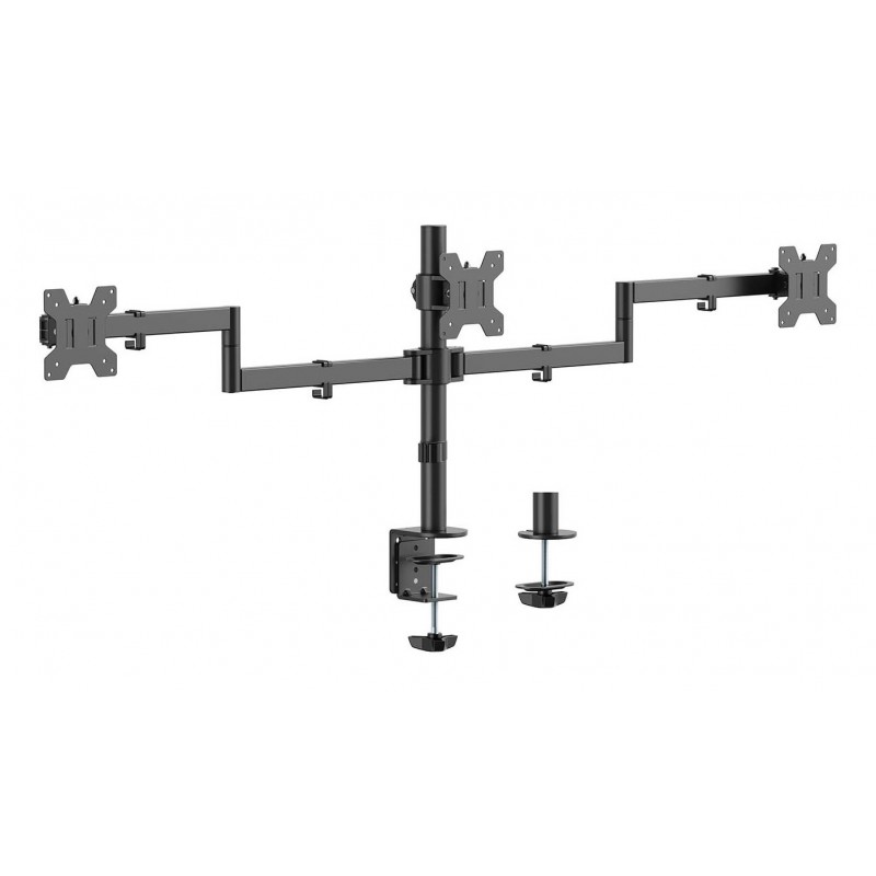AISENS Soporte de mesa eco giratorio e inclinable para 3 monitores 10kg (3 Pivotes, 2 Brazos) de 13-27, Negro DT27TSR-281
