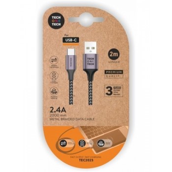 Cable USB 2.0 Tipo-C Tech One Tech TEC2023 - USB Tipo-C Macho - USB Macho - 2m - Gris