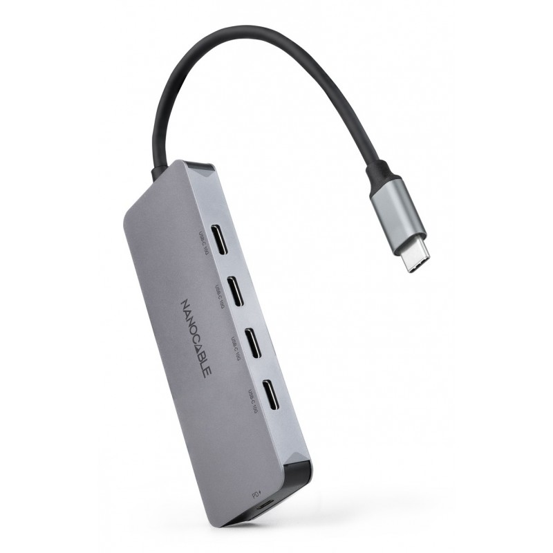 Nanocable Hub USB-C macho a 4 x USB-C hembra + USB-C PD 100W, Aluminio 10 cm, Gris 10.16.4505