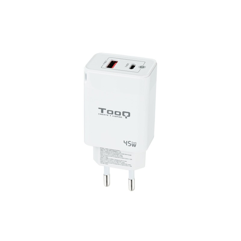 TooQ Cargador de Pared GaN USB-C PD + USB-A QC 45W, Blanco TQWC-GANQCPD45WT