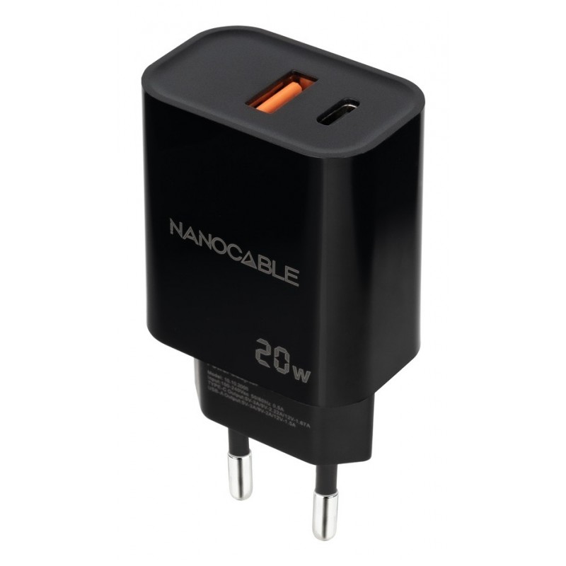 Nanocable Cargador USB-C PD + USB-A QC 20W, Negro 10.10.2008
