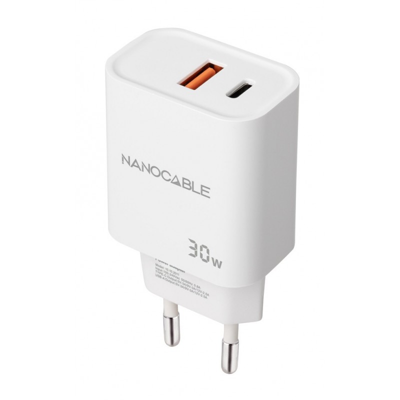 Nanocable Cargador USB-C PD + USB-A QC 30W, Blanco 10.10.2011