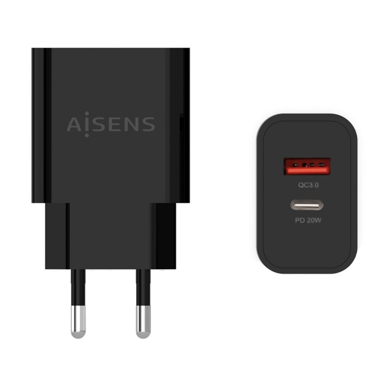 AISENS Cargador 20W, 1xUSB-C PD3.0, 1xUSB-A QC3.0, Negro A110-0682
