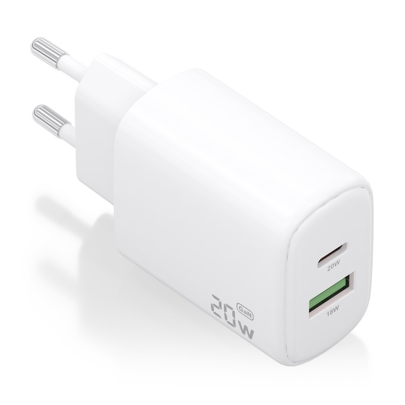AISENS Cargador GaN 20W, 1xUSB-C PD3.0, 1xUSB-A QC3.0, Blanco A110-0909