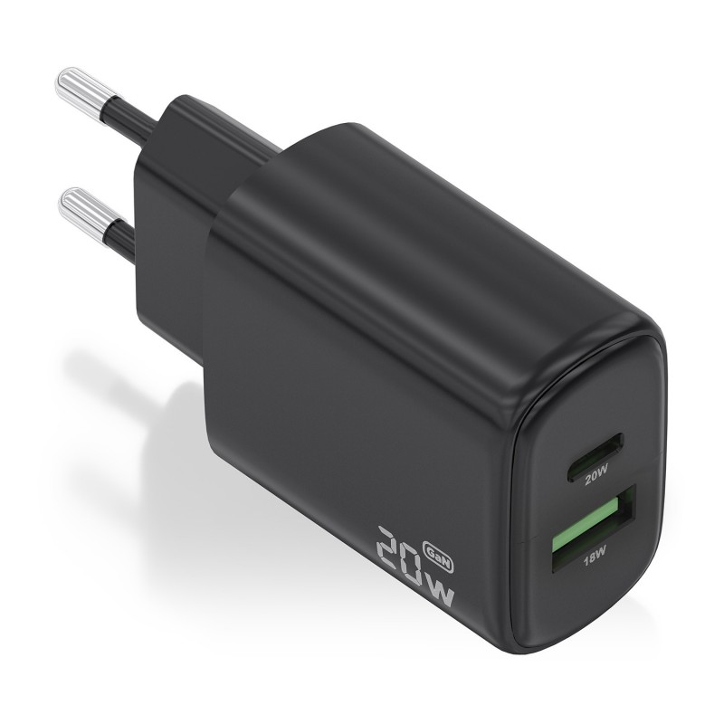 AISENS Cargador GaN 20W, 1xUSB-C PD3.0, 1xUSB-A QC3.0, Negro A110-0910