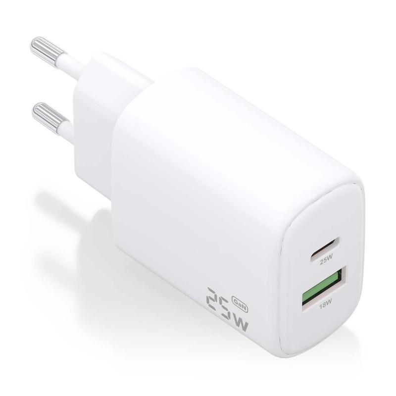AISENS Cargador GaN 25W, 1xUSB-C PD3.0, 1xUSB-A QC3.0, Blanco A110-0911