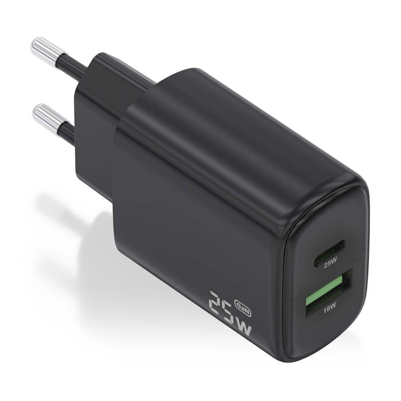 AISENS Cargador GaN 25W, 1xUSB-C PD3.0, 1xUSB-A QC3.0, Negro A110-0912