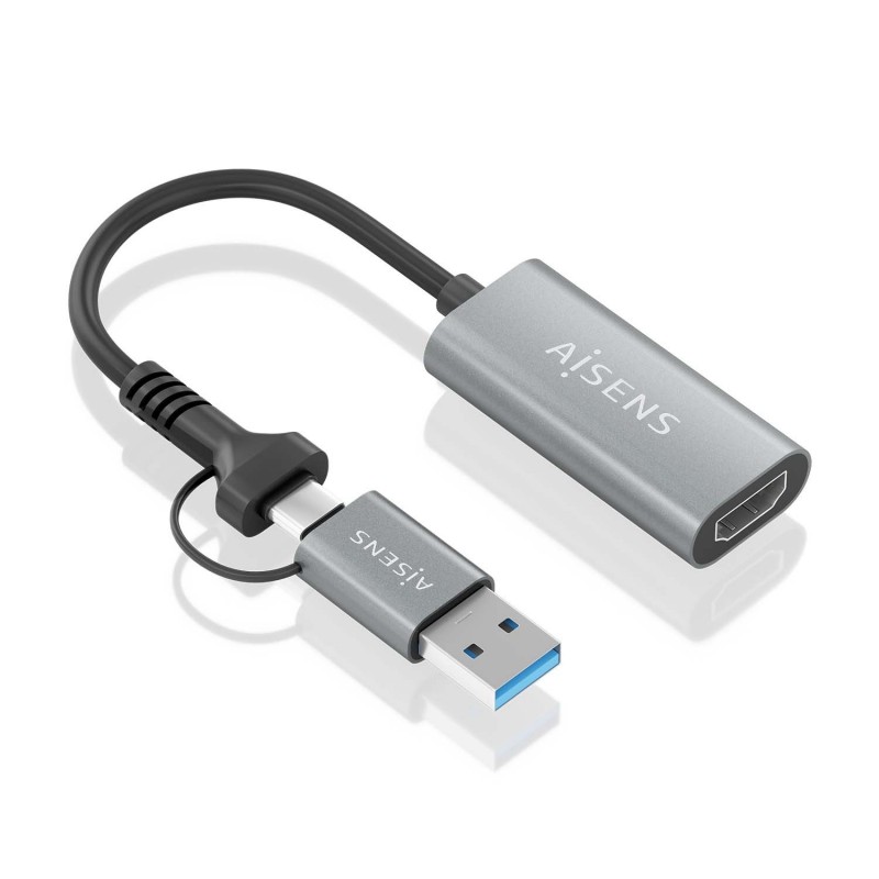 AISENS Conversor Aluminio USB-A+USB-C A HDMI 1080P@60Hz, USB-A M+USB-C M-HDMI H, Gris, 15cm A109-0913