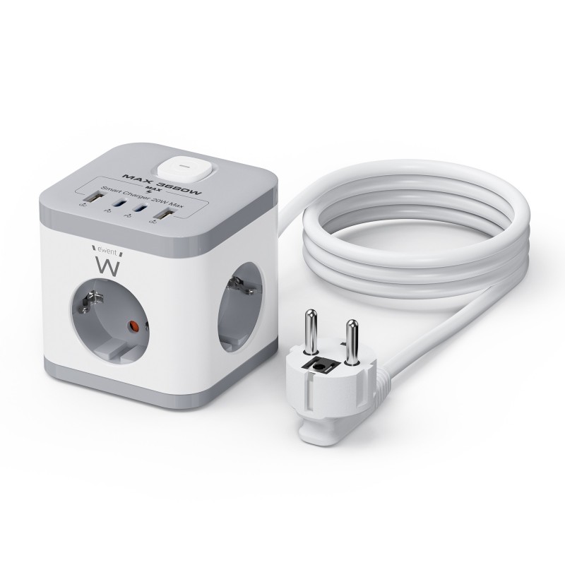 Ewent EW3863 base múltiple 1,5 m 3 salidas AC Interior Gris, Blanco