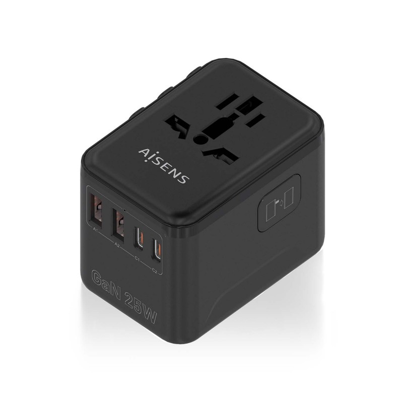 AISENS Adaptador Enchufe Universal Para Viaje EU USA UK AU Con Cargador USB GaN, 2xUSB-A QC3.0, 2xUS ASPS-2A2C08-BK